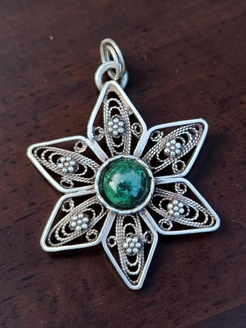 Vintage Sterling Silver Raw Emerald Flower Pendant
